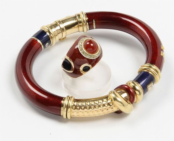An enamel bangle by La Nouvelle Bague and a gold, enamel and cornelian ring
