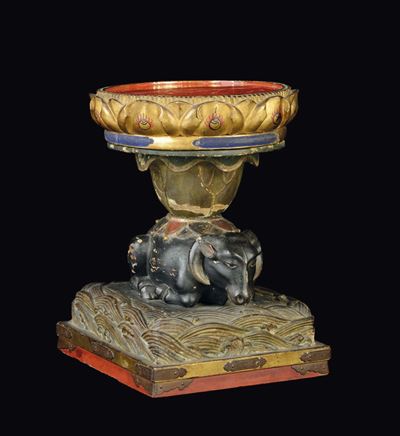 Scultura in Legno Dipinto Raffigurante Bufalo che Sorregge Fiore di Loto, Giappone, XIX Secolo