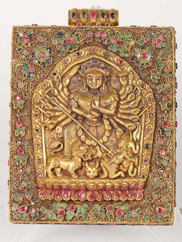 A gilt bronze Ghau Gau with deity on cover and hardstone inlays, Tibet, 19th century