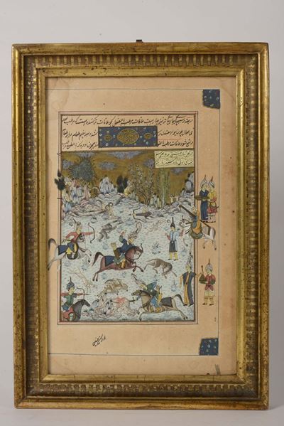 Pergamena Miniata Raffigurante Battaglia a Cavallo e con Iscrizioni in Sanscrito, India, XIX Seco...