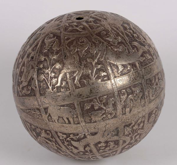 A silver globe with zodiac calendar, India, 19th century