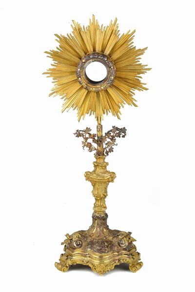 Importante Ostensorio in Bronzo e Argento Fuso, Cesellato e Dorato, Napoli o Sicilia Seconda Metà...