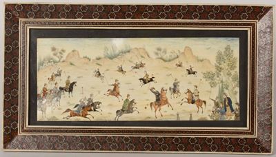 Placca con Cornice in Legno e Avorio con Dipinta Scena di Giocatori di Polo, India, Inizio XX Sec...