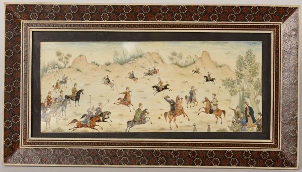 A framed woodd and ivory plaque depicting polo players, India, early 20th century