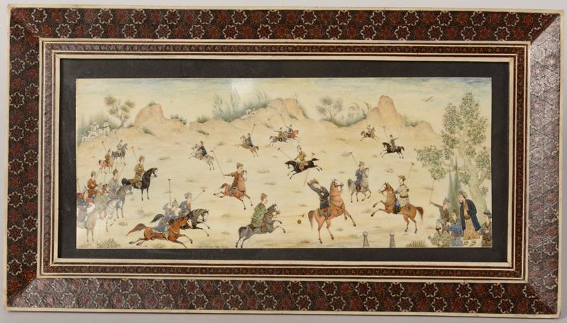 Placca con cornice in legno e avorio con dipinta scena di giocatori di polo, India, inizio XX secolo  - Asta Chinese Works of Art - Cambi Casa d'Aste