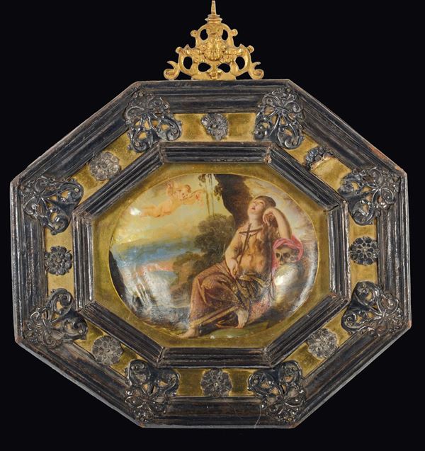 An oval painting on mother-of-pearl within precious octagonal frame with ebonised wood profiles, Florence 17th century, circle of Filippo Napoletano