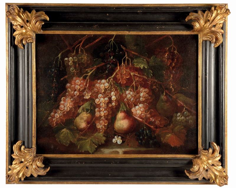 Gilardo Da Lodi (XVII-XVIII secolo) Natura morta con uva e pesche  - Asta Antiquariato e Dipinti Antichi - I - Cambi Casa d'Aste