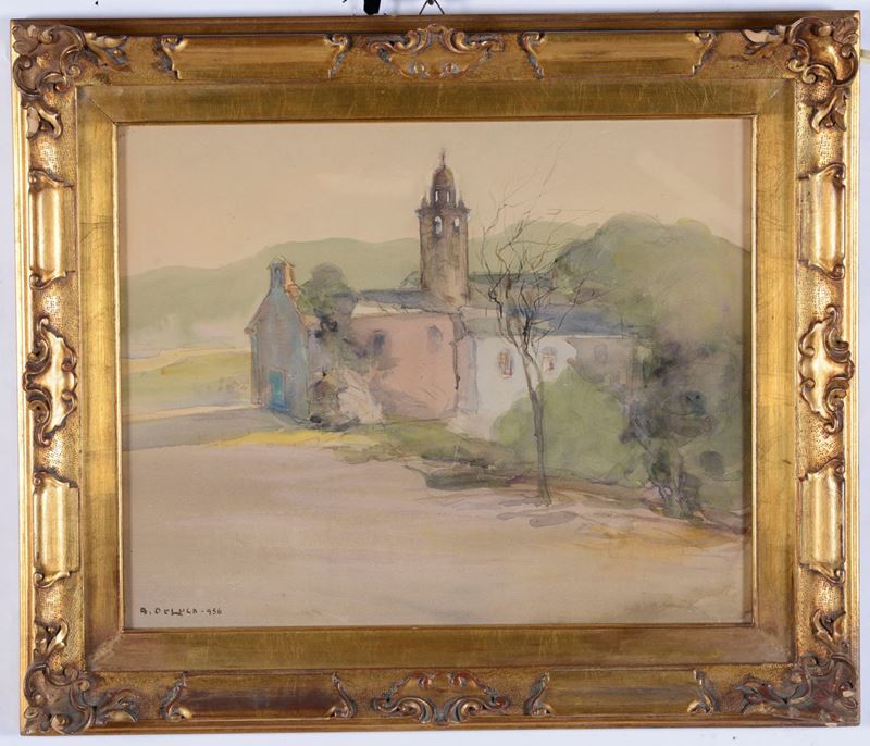 Arturo De Luca (1885-1971) Chiesa di campagna, 1956  - Asta Antiquariato e Dipinti Antichi - I - Cambi Casa d'Aste