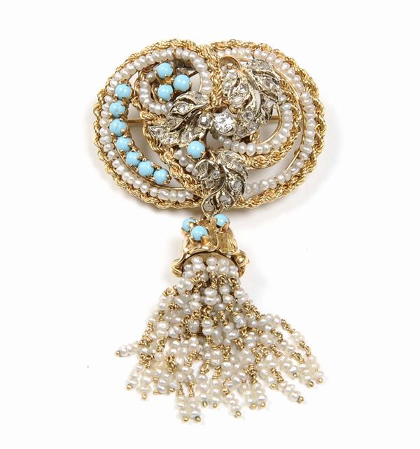 A seed pearls, tourquoise, diamond and gold brooch