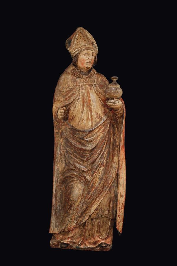 Altorilievo in legno policromo raffigurante vescovo, scultore alto-veneto o austriaco degli inizi del XVI secolo