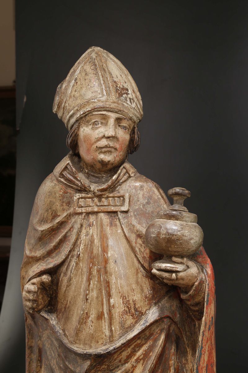 Altorilievo in Legno Policromo Raffigurante Vescovo, Scultore Alto-veneto o Austriaco degli Inizi...