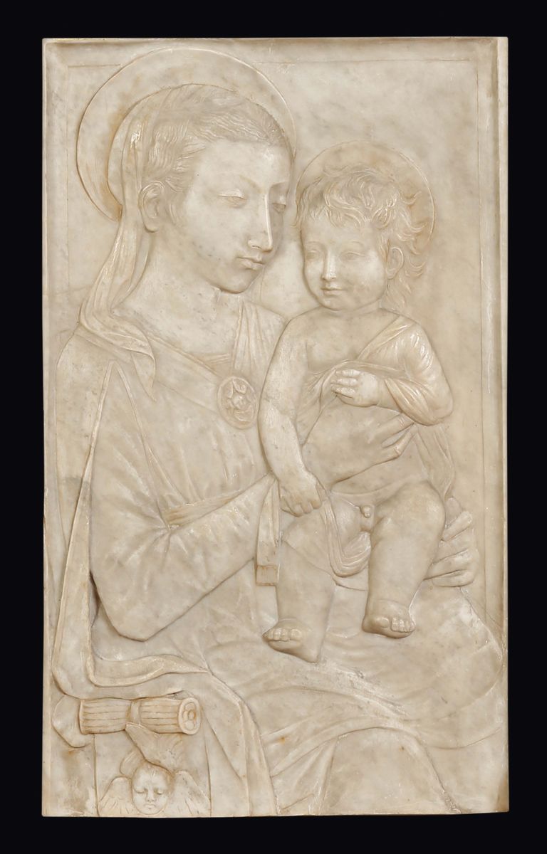 Altorilievo in Marmo Raffigurante Madonna con Bambino, Scultore Italiano del XIX-XX Secolo