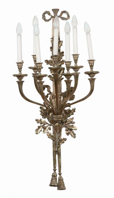 Coppia di Appliques in Bronzo Dorato a Sette Luci, XIX Secolo