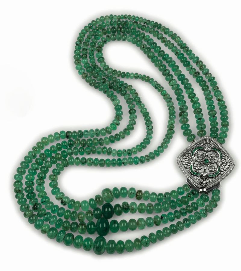 Four strands emerald beads necklace with diamond, emerald and gold clasp  - Auction Fine Jewels - Cambi Casa d'Aste
