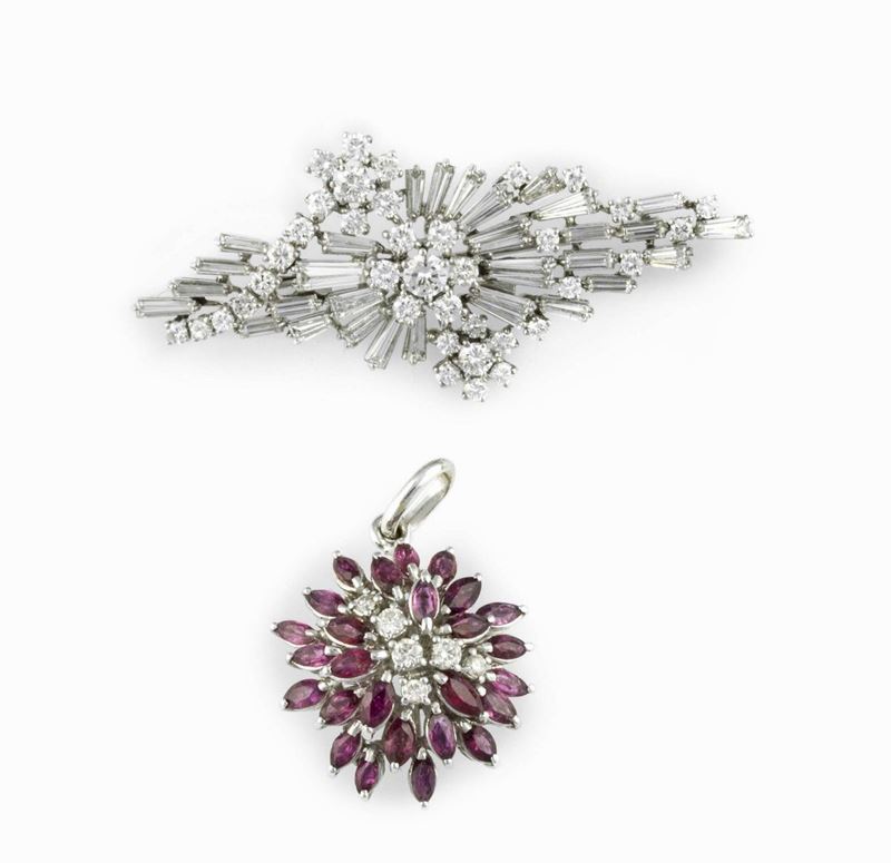 Diamond brooch and a diamond and ruby pendent  - Auction Jewels Timed Auction - Cambi Casa d'Aste