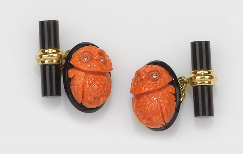Bottoni da polso civetta con corallo, onice e piccoli diamanti  - Asta Fine Jewels - II - Cambi Casa d'Aste