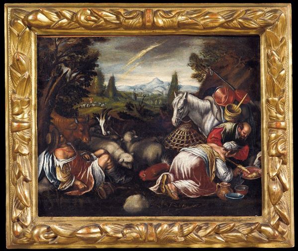 Jacopo Bassano (Bassano del Grappa 1510/18- 1592), cerchia di Paesaggi con figure