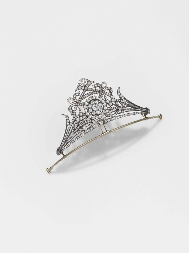 A 19th century, silver, gold and old-cut diamond tiara  - Auction Fine Jewels - II - Cambi Casa d'Aste