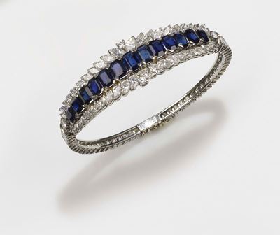 Bracciale con Zaffiri Sri Lanka e Diamanti Taglio Rotondo, Navette e Baguette