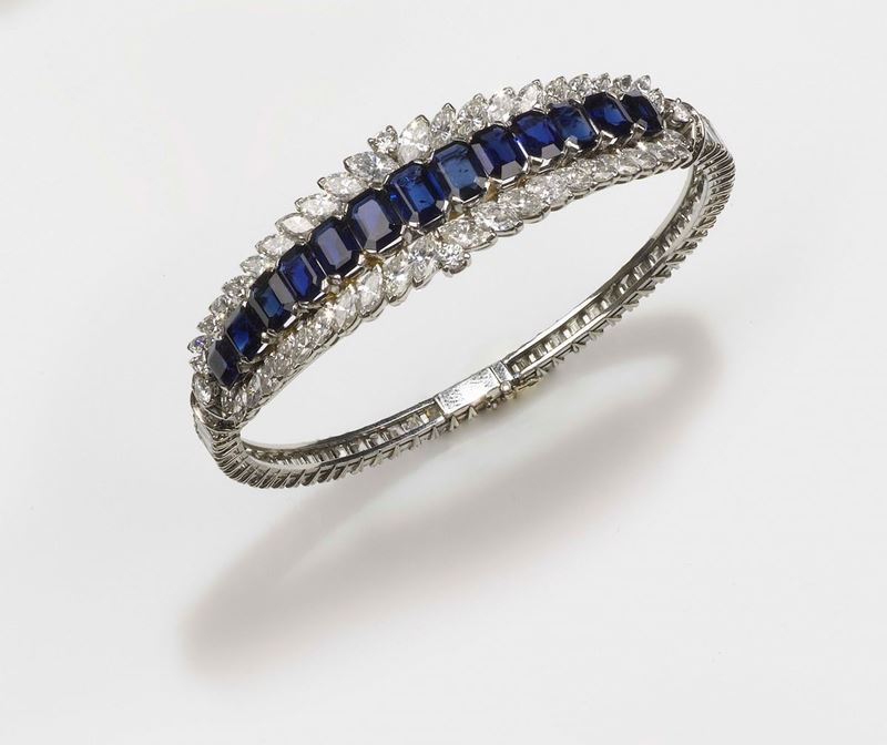 Bracciale con zaffiri Sri Lanka e diamanti taglio rotondo, navette e baguette  - Asta Fine Jewels - II - Cambi Casa d'Aste