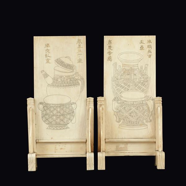 A pair of ivory screens with inscriptions and vases, China, Republic, early 20th century