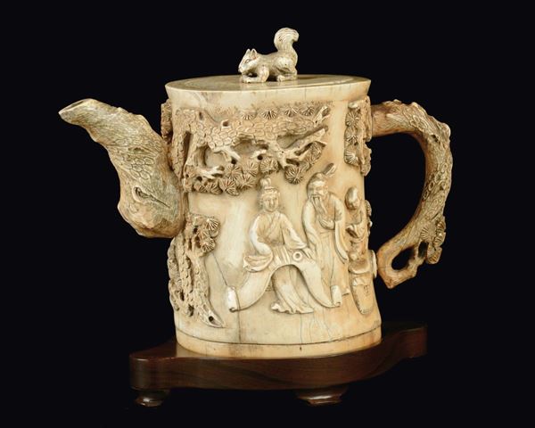 An ivory teapot with spout and cover carved with common life scenes, China, Qing Dynasty, 19th century