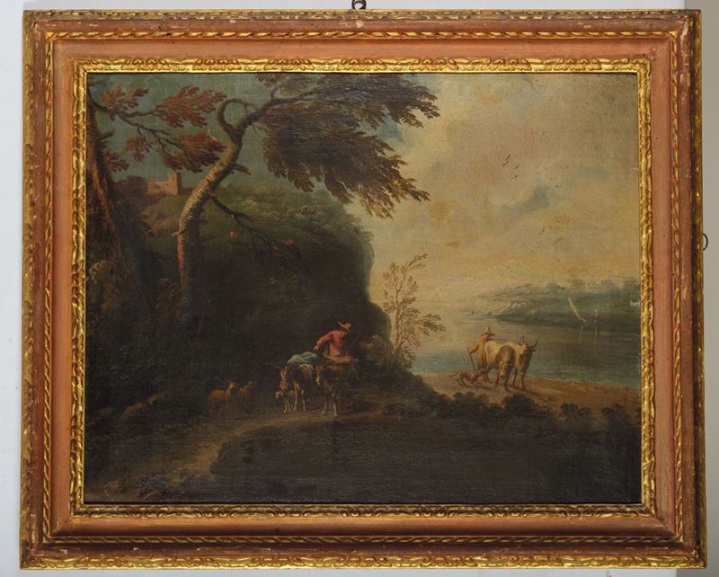 Scuola del XVIII secolo Due pastori con asinelli e buoi  - Asta Antiquariato - Cambi Casa d'Aste