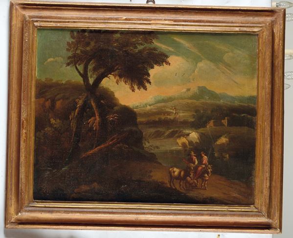 Scuola del XVIII secolo Paesaggio con pastori e donna su asinello