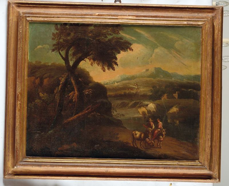 Scuola del XVIII secolo Paesaggio con pastori e donna su asinello  - Auction Fine Art - Cambi Casa d'Aste