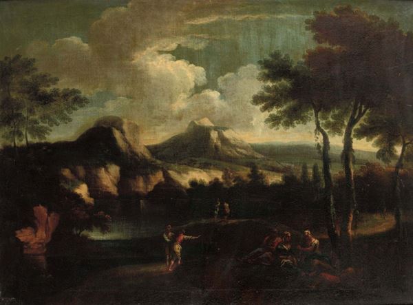 Scuola del XVIII secolo Paesaggio lacustre con colline
