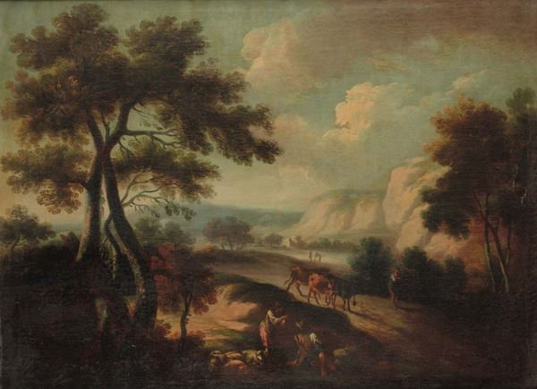 Scuola del XVIII secolo Paesaggio con pastori e buoi