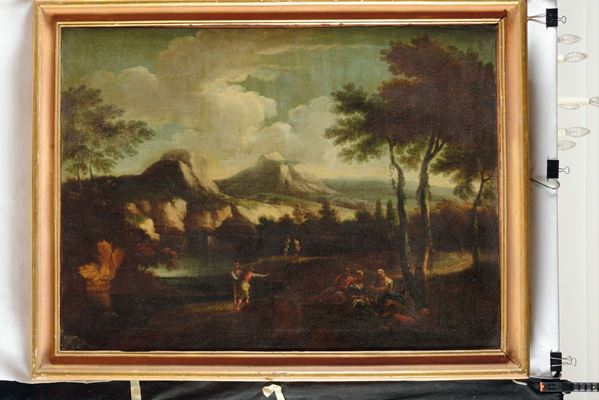 Scuola del XVIII secolo Paesaggio con pescatori e pastori
