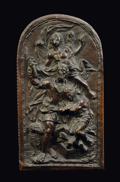 Placca in Rame Sbalzato Raffigurante il Sacrificio di Isacco, Arte Barocca Italiana del XVII Seco...
