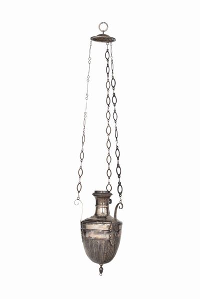 Lampada Votiva in Argento Sbalzato e Cesellato, Argentiere Antonio Cappelletti 1803-1838, Roma In...