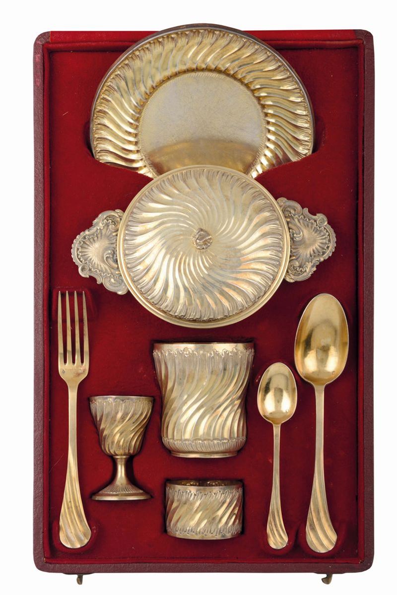 Servito da viaggio in argento entro scatola, punzoni francesi per l'argento di primo titolo in uso dal 1838 e dell'argentiere, Francia XIX-XX secolo  - Asta Fine Silvers - I - Cambi Casa d'Aste