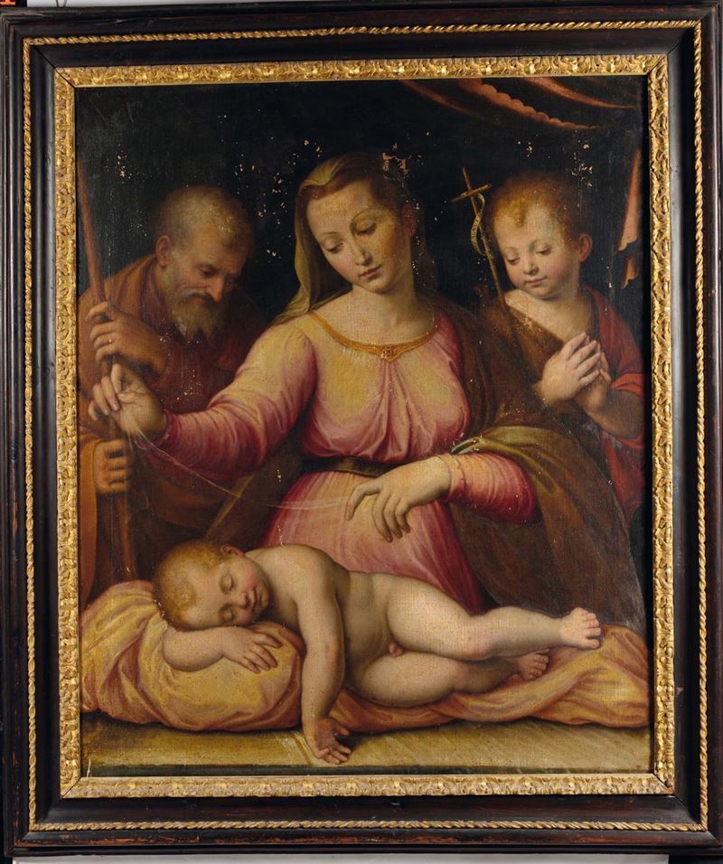 Luca Longhi (Ravenna 1507-1580), attribuito a Sacra Famiglia con San Giovannino  - Auction Fine Art Selection - Cambi Casa d'Aste
