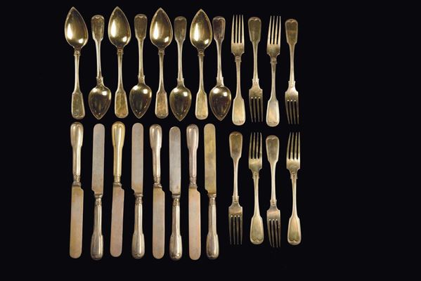 Set di otto forchette e otto coltelli in argento vermeille, bollo della città di Firenze in uso dal 1832 al 1872