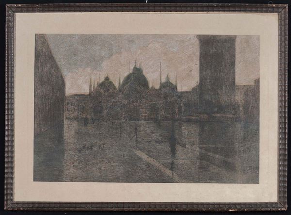 Lotto di tre stampe raffiguranti Venezia, di cui una firmata A. Rossini