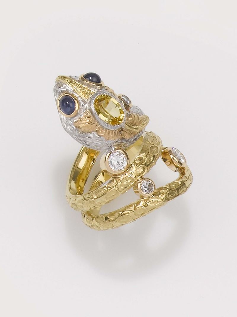 Cazzaniga. Anello a serpente con zaffiri e diamanti  - Asta Fine Jewels - II - Cambi Casa d'Aste