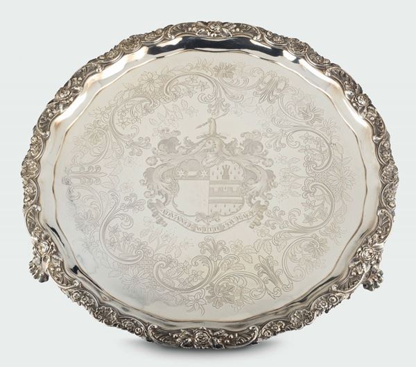 A large molten, embossed and chiselled silver salver, silversmith Benjamin Smith, London 1819