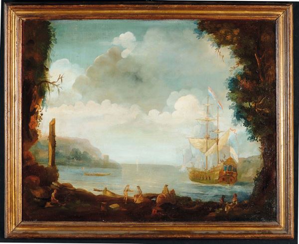 Scuola Italiana del XVIII-XIX secolo Paesaggio portuale con figure e rovine