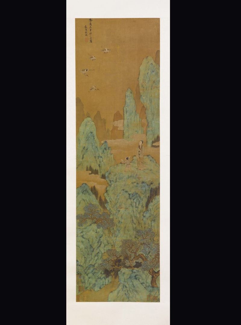 Dipinto su carta raffigurante saggi su un crinale che osservano gru in volo, Cina, Dinastia Qing, XIX secolo  - Asta Fine Chinese Works of Art - Cambi Casa d'Aste