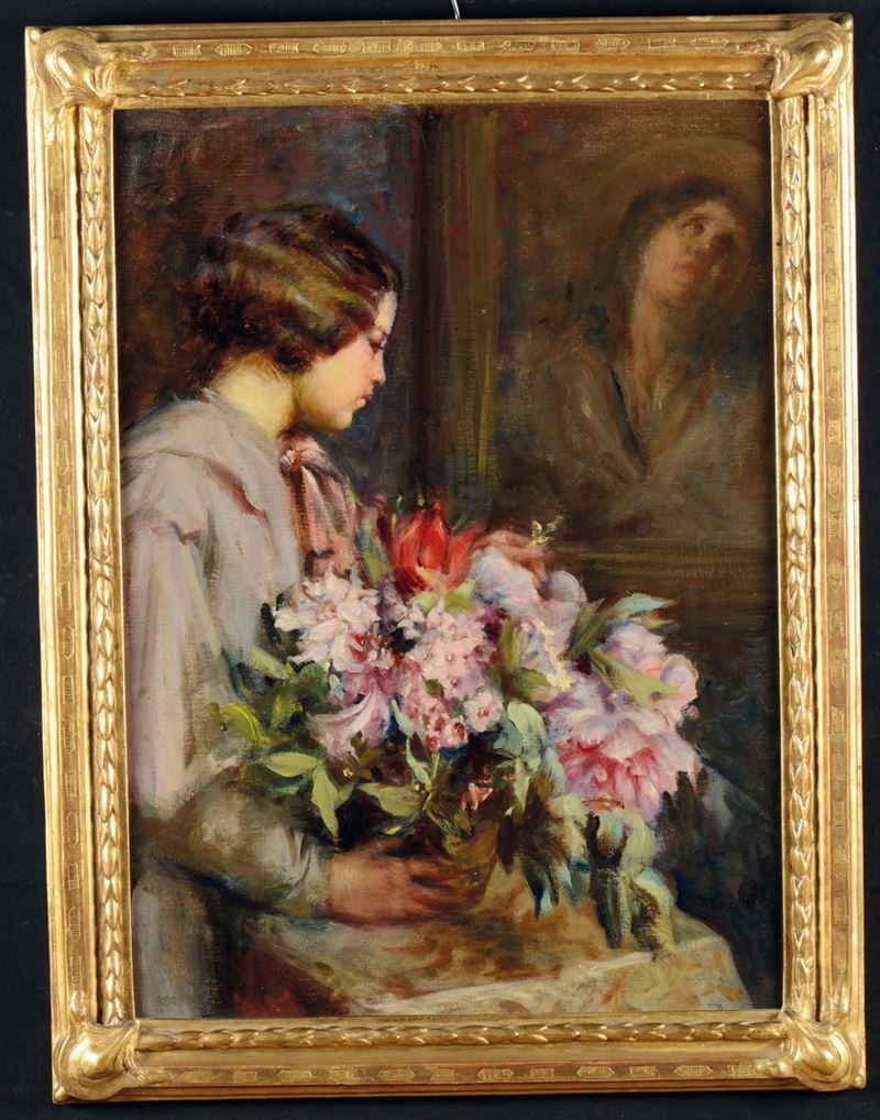 Giuseppe Ghiringhelli (1874-1944) Ragazza con fiori  - Auction Furnishings from the mansions of the Ercole Marelli heirs and other property - Cambi Casa d'Aste