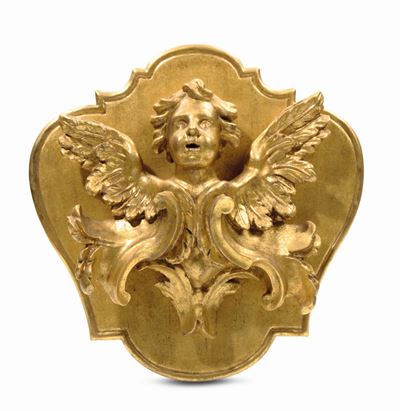 Fregio in Legno Dorato con Cherubino, Roma XVIII Secolo