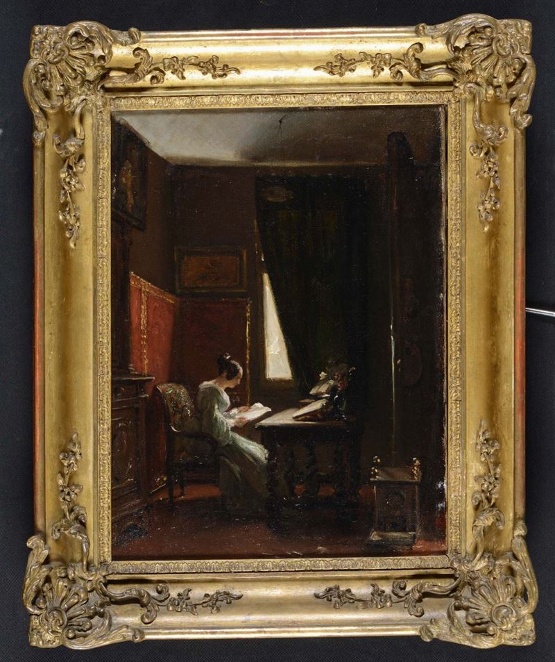 Scuola Francese del XIX secolo Interno con dama alla scrivania  - Auction Paintings online auction - Cambi Casa d'Aste