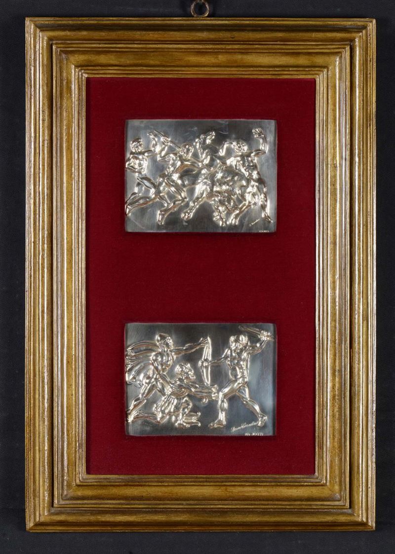 Coppia di bassorilievi in argento moderni in cornice Salvator Rosa del XVIII secolo  - Asta Asta a Tempo Antiquariato - Cambi Casa d'Aste