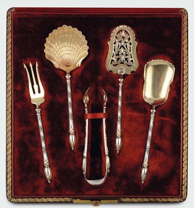 Set di Cinque Posate da Cerimonia in Argento Vermeille, Punzoni di Titolo e Dell'argentiere, Fran...