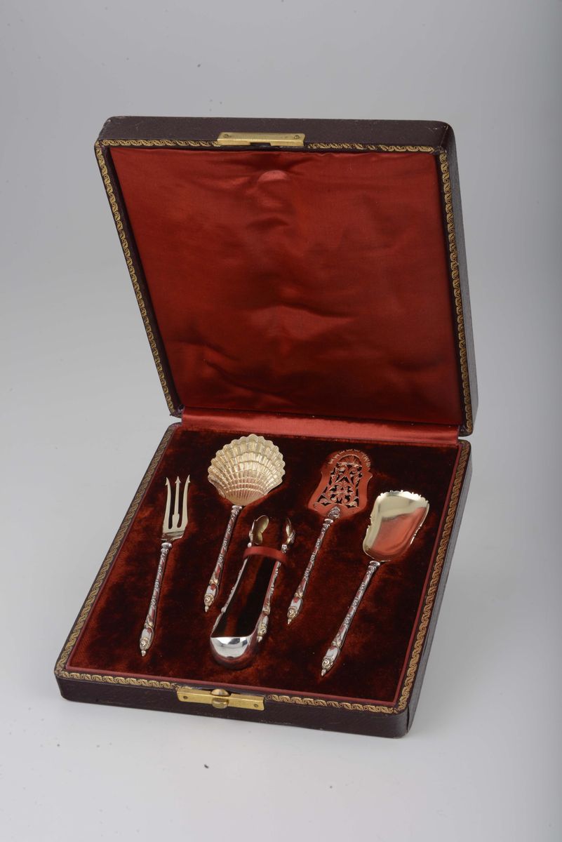 Set di Cinque Posate da Cerimonia in Argento Vermeille, Punzoni di Titolo e Dell'argentiere, Fran...