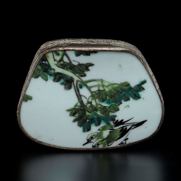 A silver and polychrome enamelled porcelain box with birds on a branch, China, Qing Dynasty, 19th century