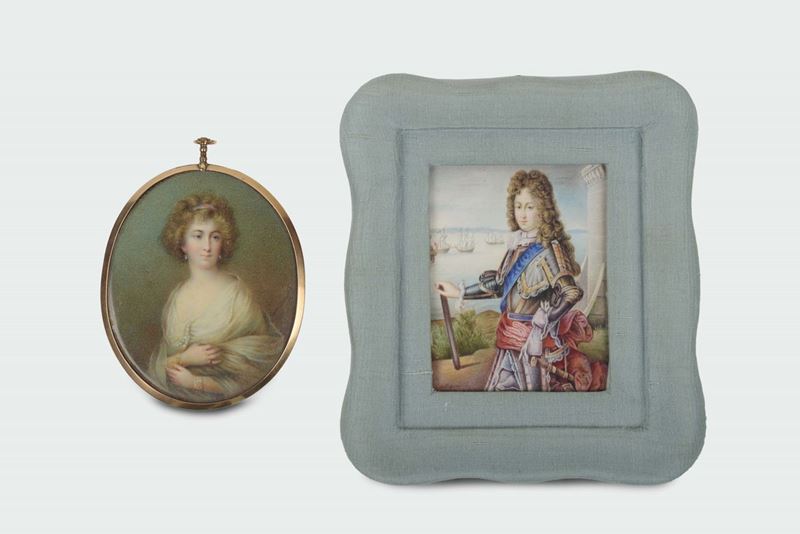 Due miniature su avoriom ovale raffigurante gentildonna con cornice in oro a basso titolo, tartaruga e madreperla e rettangolare raffigurante ammiraglio seicentesco , XIX secolo  - Asta Fine Silvers - I - Cambi Casa d'Aste